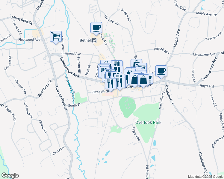 map of restaurants, bars, coffee shops, grocery stores, and more near in Bethel