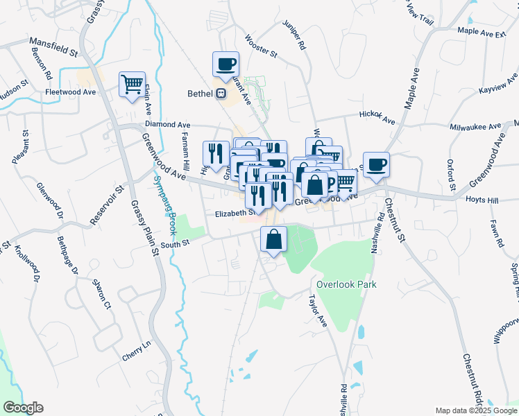 map of restaurants, bars, coffee shops, grocery stores, and more near 212 Greenwood Avenue in Bethel