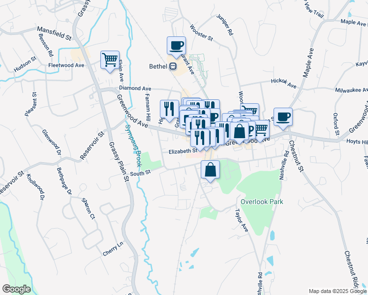 map of restaurants, bars, coffee shops, grocery stores, and more near 212 Greenwood Avenue in Bethel