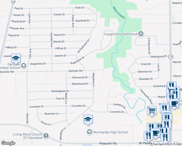 map of restaurants, bars, coffee shops, grocery stores, and more near 2472 Dentzler Road in Parma