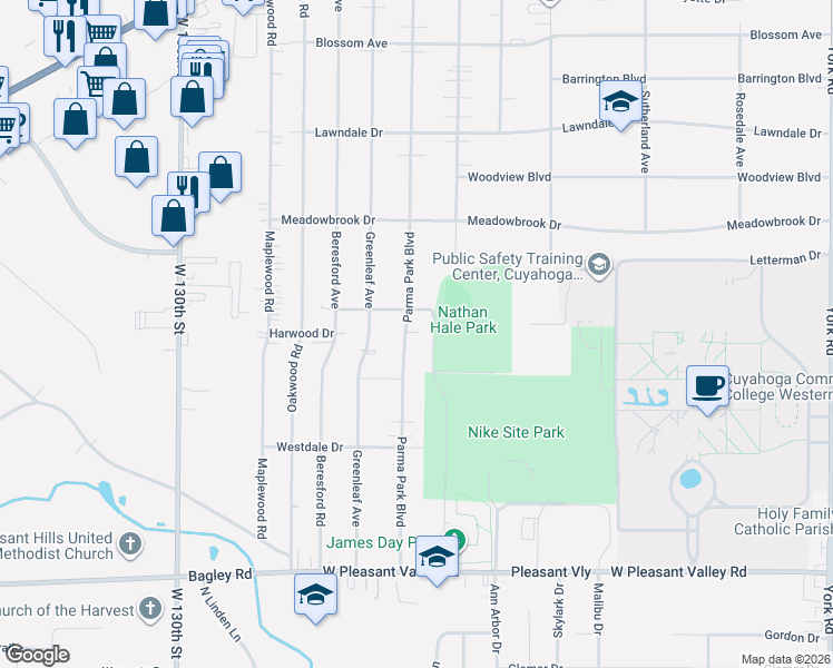 map of restaurants, bars, coffee shops, grocery stores, and more near 7073 Parma Park Boulevard in Parma Heights