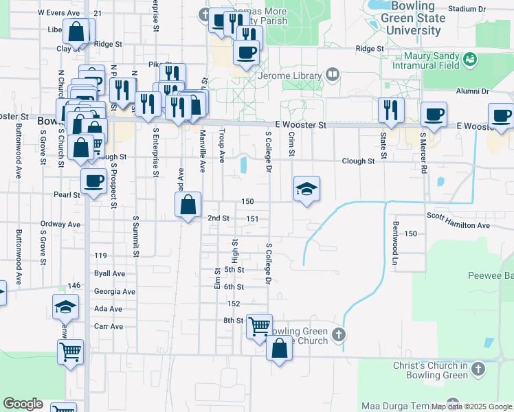 map of restaurants, bars, coffee shops, grocery stores, and more near 831 Scott Hamilton Avenue in Bowling Green
