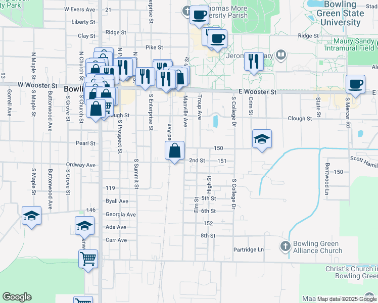 map of restaurants, bars, coffee shops, grocery stores, and more near 255 Manville Avenue in Bowling Green