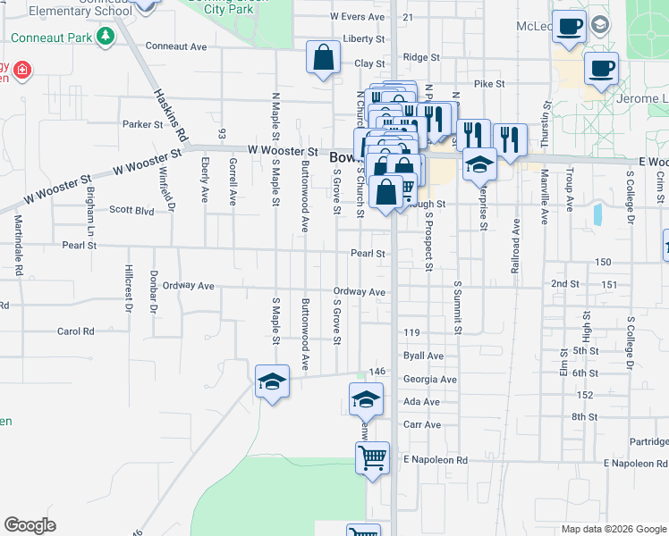 map of restaurants, bars, coffee shops, grocery stores, and more near 264 South Grove Street in Bowling Green