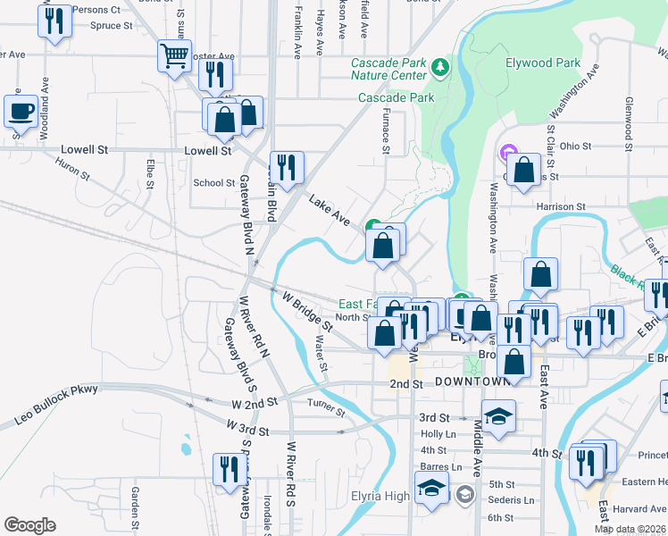 map of restaurants, bars, coffee shops, grocery stores, and more near in Elyria