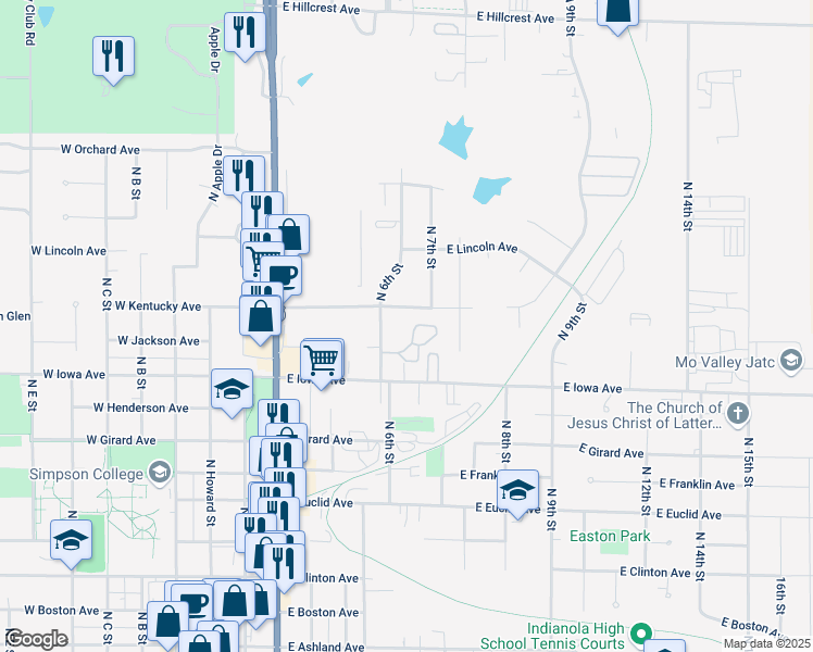 map of restaurants, bars, coffee shops, grocery stores, and more near 604 East Kentucky Avenue in Indianola