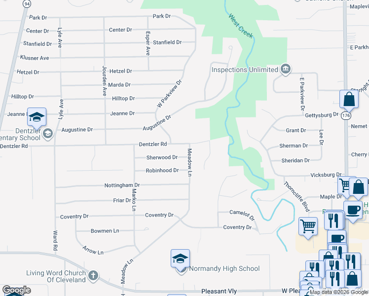 map of restaurants, bars, coffee shops, grocery stores, and more near 2472 Dentzler Road in Parma