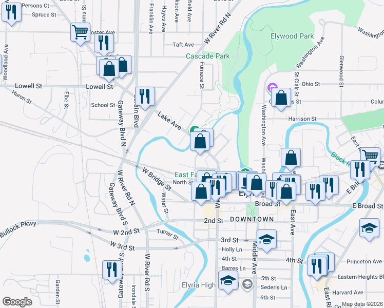 map of restaurants, bars, coffee shops, grocery stores, and more near 15 Chestnut Street in Elyria