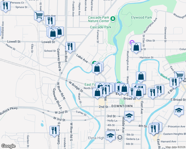 map of restaurants, bars, coffee shops, grocery stores, and more near 15 Chestnut Street in Elyria