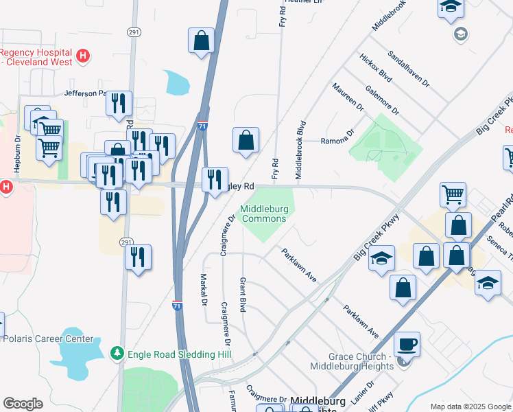 map of restaurants, bars, coffee shops, grocery stores, and more near 16717 Bagley Road in Middleburg Heights
