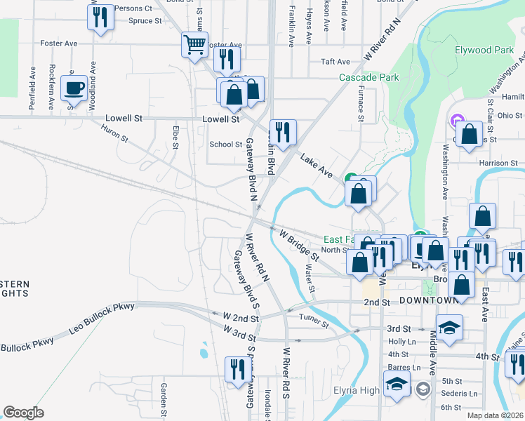 map of restaurants, bars, coffee shops, grocery stores, and more near 409 West River Road North in Elyria