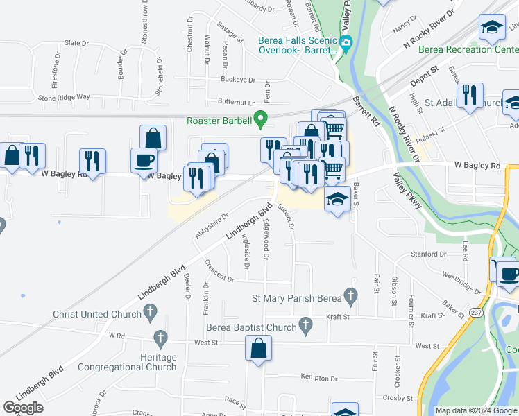 map of restaurants, bars, coffee shops, grocery stores, and more near 510 Lindbergh Boulevard in Berea