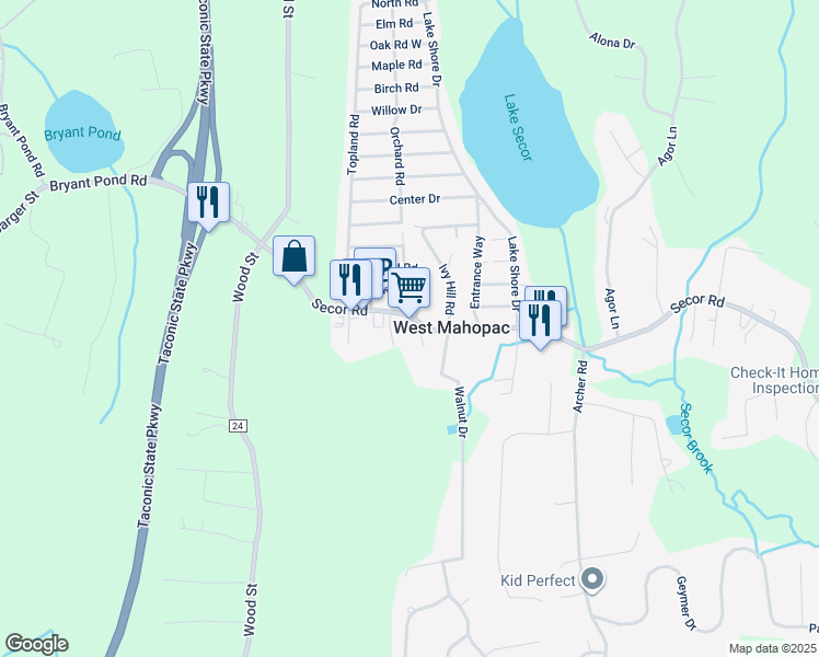 map of restaurants, bars, coffee shops, grocery stores, and more near 55 Secor Road in Mahopac