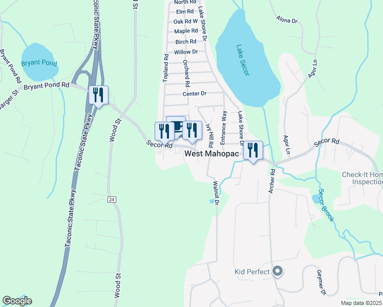map of restaurants, bars, coffee shops, grocery stores, and more near 55 Secor Road in Mahopac