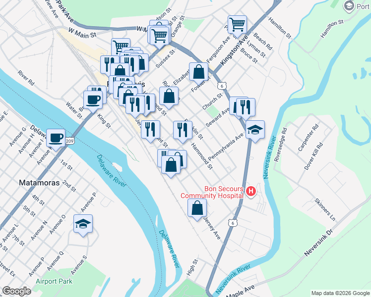 map of restaurants, bars, coffee shops, grocery stores, and more near 92 Ball Street in Port Jervis