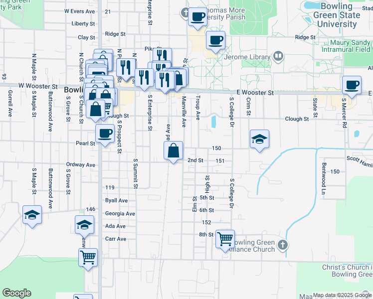 map of restaurants, bars, coffee shops, grocery stores, and more near 255 Manville Avenue in Bowling Green