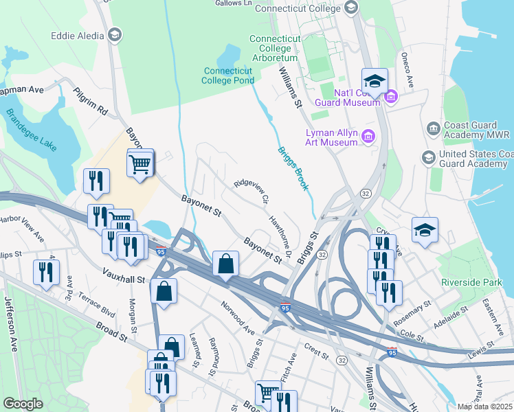 map of restaurants, bars, coffee shops, grocery stores, and more near 96 Hawthorne Drive in New London