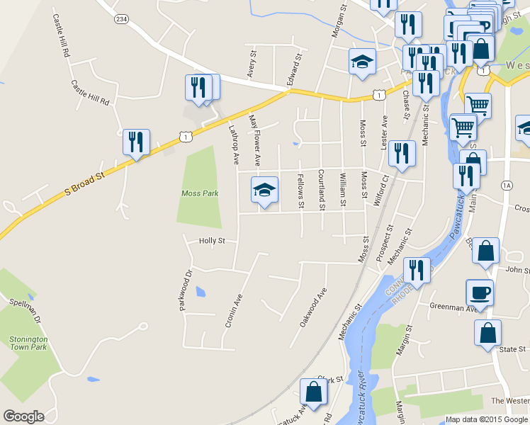 map of restaurants, bars, coffee shops, grocery stores, and more near 41 May Flower Avenue in Stonington