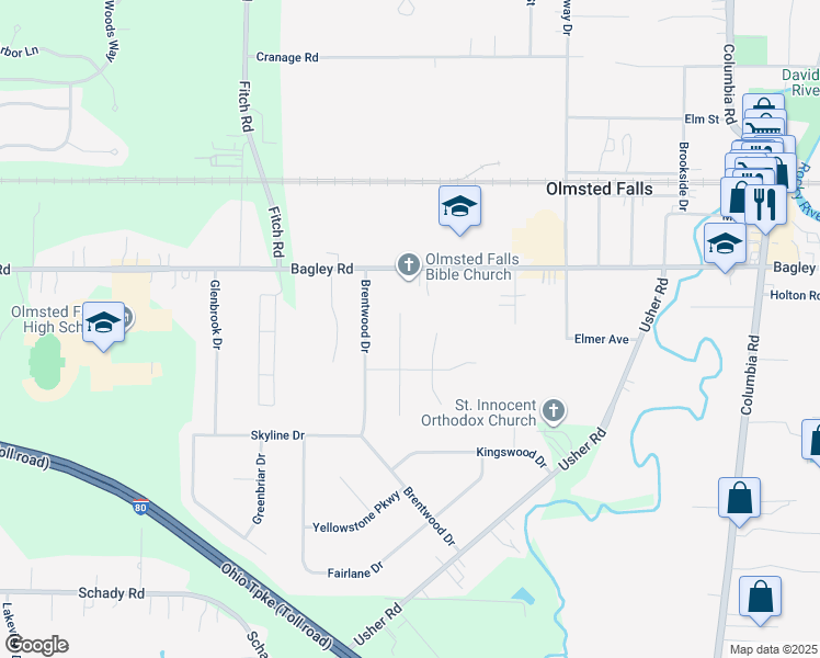 map of restaurants, bars, coffee shops, grocery stores, and more near 26517 Bagley Road in Olmsted Falls