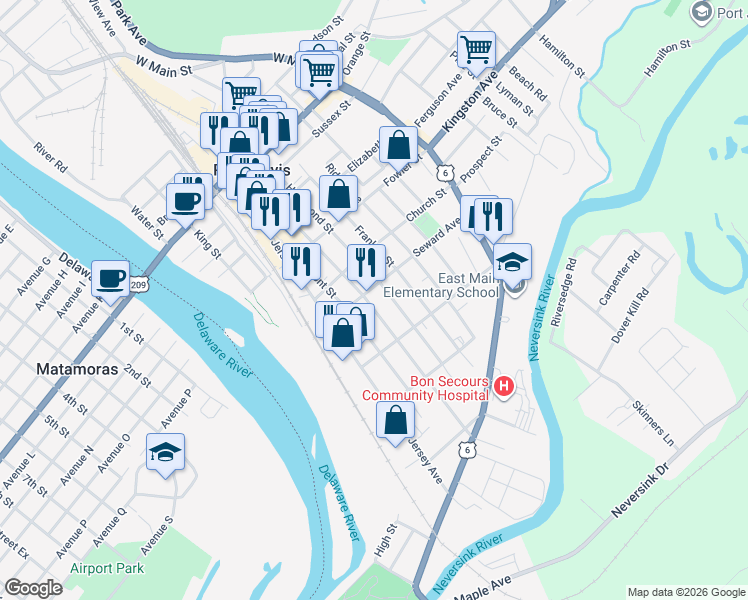 map of restaurants, bars, coffee shops, grocery stores, and more near 92 Ball Street in Port Jervis