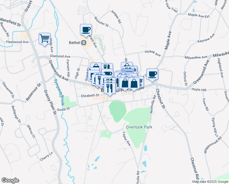 map of restaurants, bars, coffee shops, grocery stores, and more near 162 Greenwood Avenue in Bethel