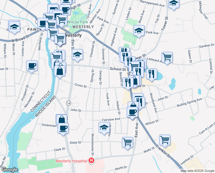 map of restaurants, bars, coffee shops, grocery stores, and more near 58 Cross Street in Westerly