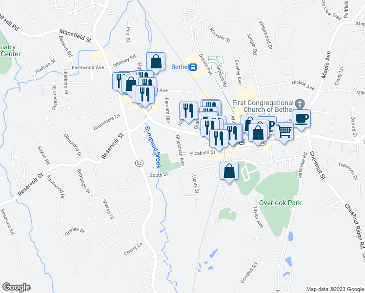 map of restaurants, bars, coffee shops, grocery stores, and more near 8 Blackman Avenue in Bethel