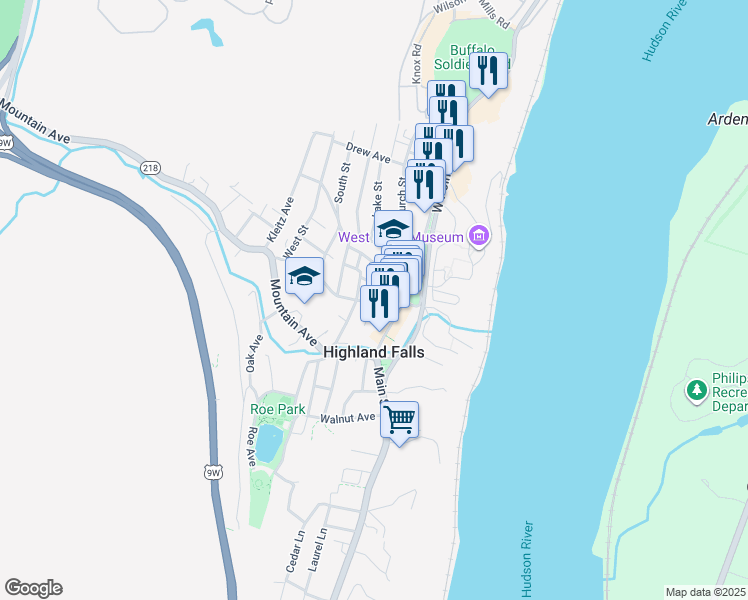 map of restaurants, bars, coffee shops, grocery stores, and more near 35 Tobins Lane in Highland Falls