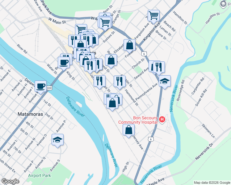 map of restaurants, bars, coffee shops, grocery stores, and more near 92 Ball Street in Port Jervis