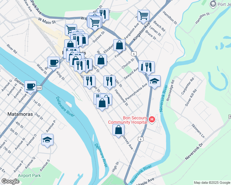 map of restaurants, bars, coffee shops, grocery stores, and more near 115 Hammond Street in Port Jervis