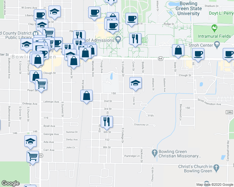 map of restaurants, bars, coffee shops, grocery stores, and more near Scott Hamilton Avenue in Bowling Green