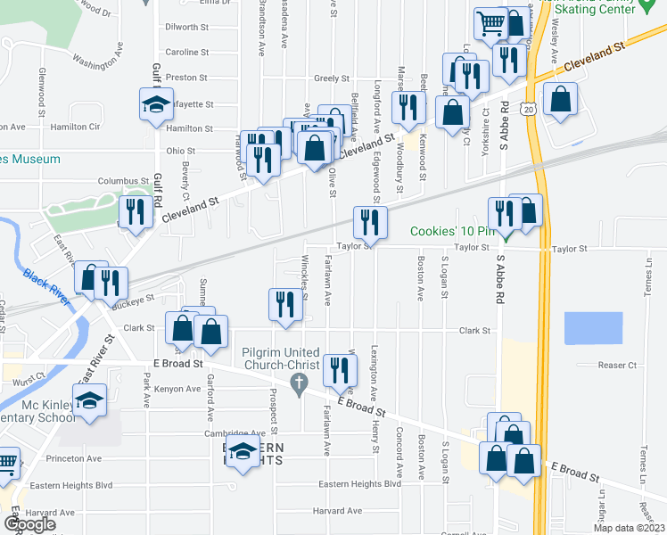 map of restaurants, bars, coffee shops, grocery stores, and more near 122 Fairlawn Avenue in Elyria