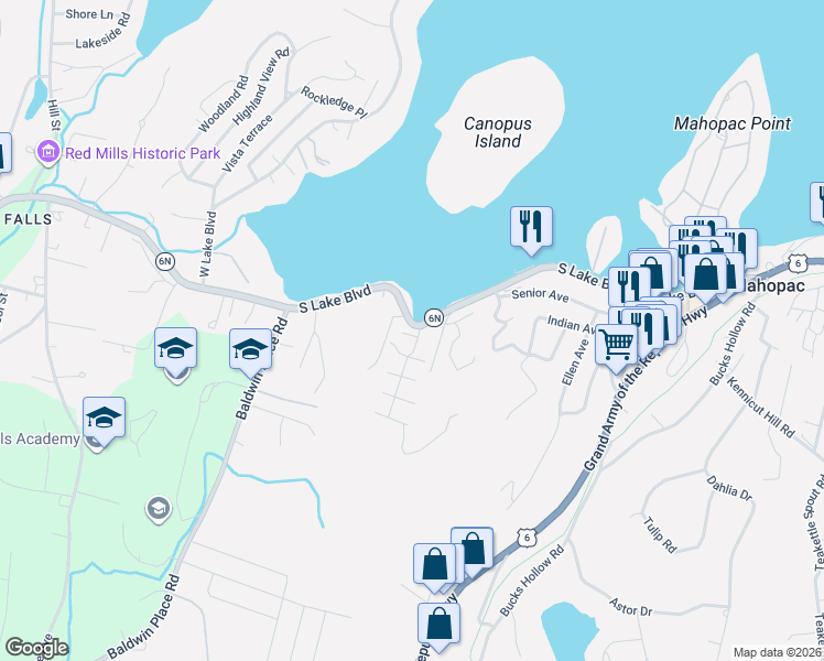 map of restaurants, bars, coffee shops, grocery stores, and more near 807 South Lake Boulevard in Mahopac