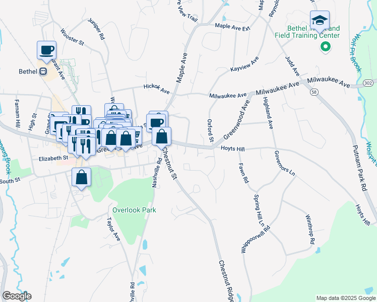 map of restaurants, bars, coffee shops, grocery stores, and more near 3 Prospect Street in Bethel