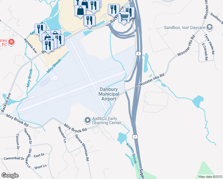 map of restaurants, bars, coffee shops, grocery stores, and more near Wallingford Road in Danbury