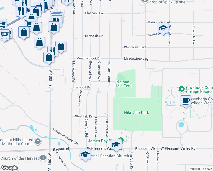 map of restaurants, bars, coffee shops, grocery stores, and more near 7073 Greenleaf Avenue in Parma Heights