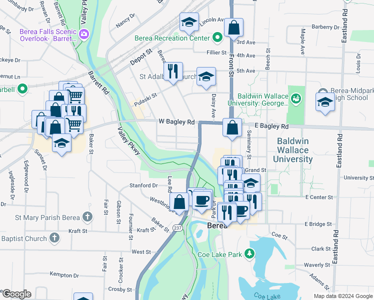map of restaurants, bars, coffee shops, grocery stores, and more near 85 Murphy Street in Berea