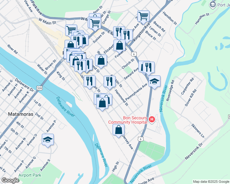 map of restaurants, bars, coffee shops, grocery stores, and more near 115 Hammond Street in Port Jervis