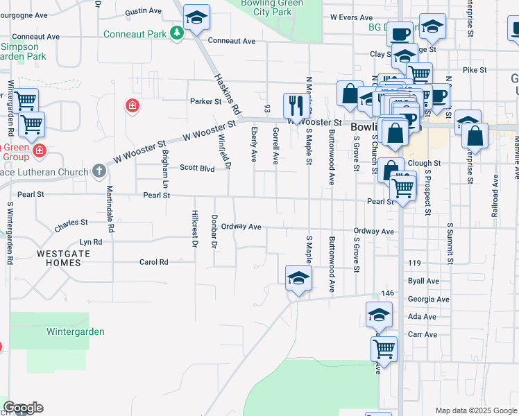 map of restaurants, bars, coffee shops, grocery stores, and more near 701 Pearl Street in Bowling Green