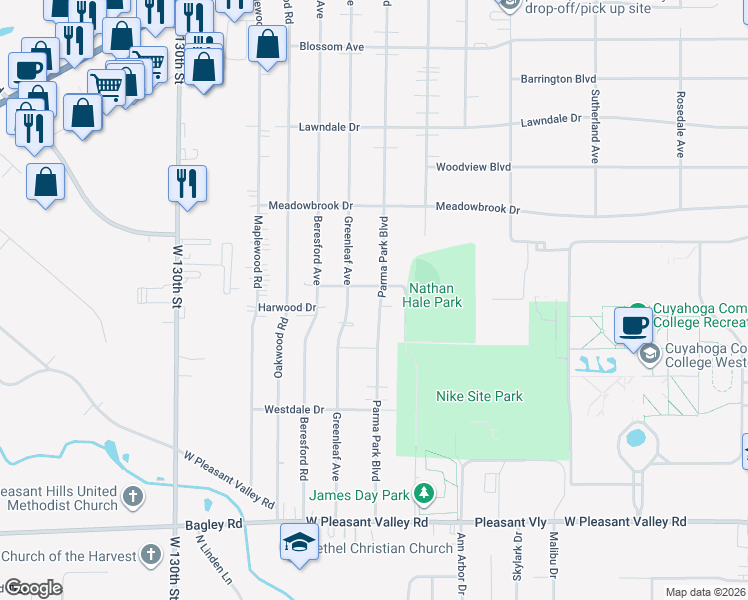 map of restaurants, bars, coffee shops, grocery stores, and more near 7073 Greenleaf Avenue in Parma Heights