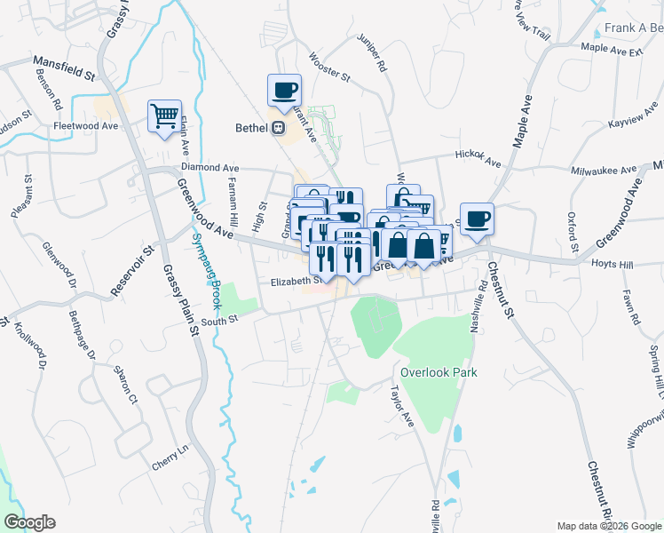 map of restaurants, bars, coffee shops, grocery stores, and more near in Bethel