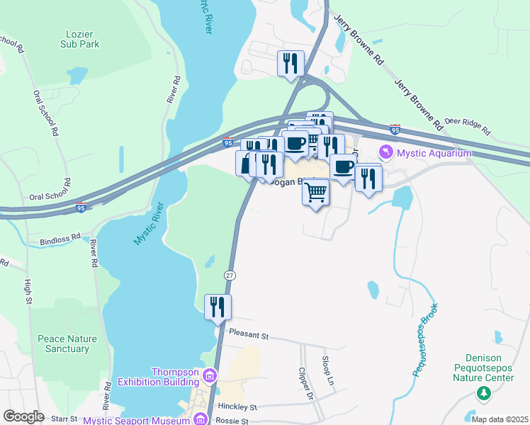 map of restaurants, bars, coffee shops, grocery stores, and more near 224 Greenmanville Avenue in Stonington