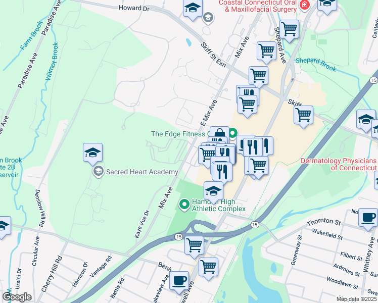 map of restaurants, bars, coffee shops, grocery stores, and more near 667 Mix Avenue in Hamden