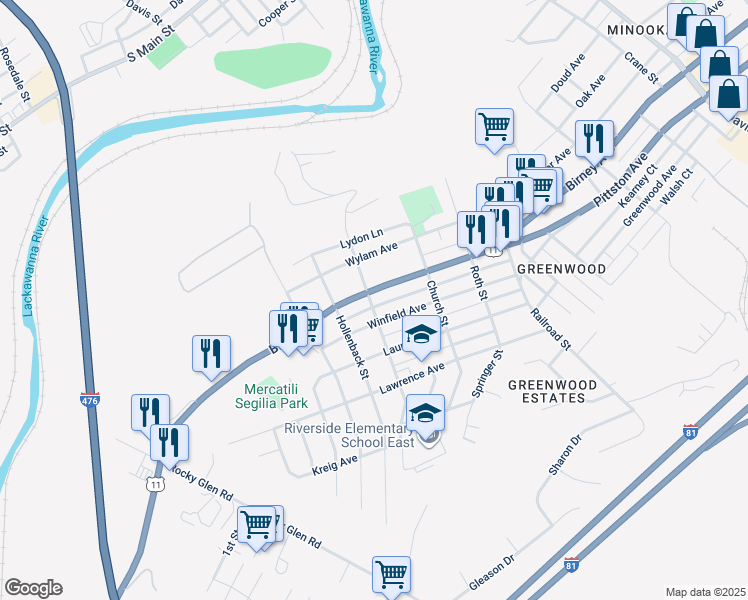 map of restaurants, bars, coffee shops, grocery stores, and more near 3808 Birney Avenue in Moosic