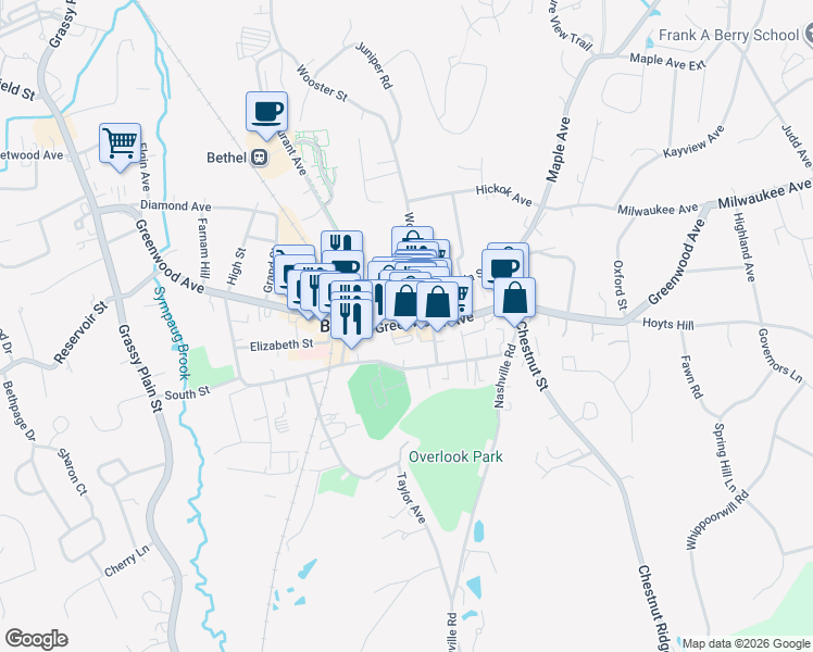 map of restaurants, bars, coffee shops, grocery stores, and more near 132 Greenwood Avenue in Bethel