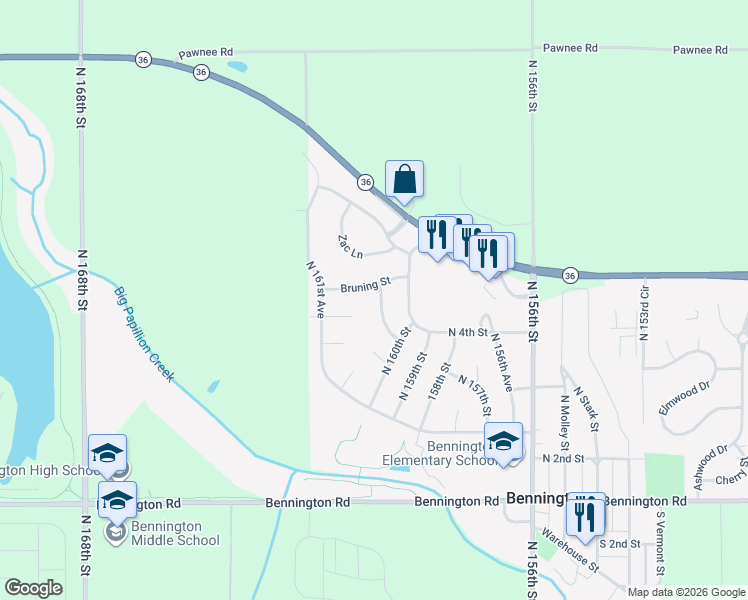 map of restaurants, bars, coffee shops, grocery stores, and more near 12310 North 161st Street in Bennington