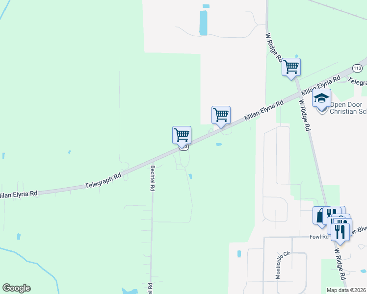 map of restaurants, bars, coffee shops, grocery stores, and more near Milan Elyria Road in Elyria
