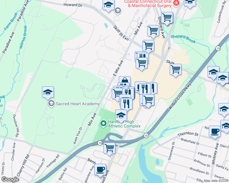 map of restaurants, bars, coffee shops, grocery stores, and more near 55 Highview Terrace in Hamden