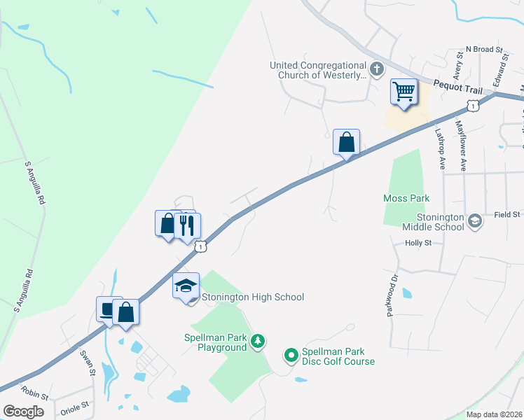map of restaurants, bars, coffee shops, grocery stores, and more near 122 South Broad Street in Stonington