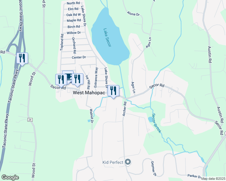 map of restaurants, bars, coffee shops, grocery stores, and more near 61 Underhill Road in Mahopac